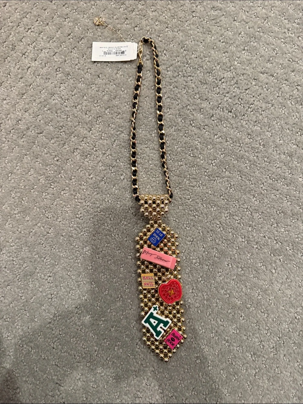 Betsey Johnson Gold Necklace with Black Chain and Multicolor Enamel Charms